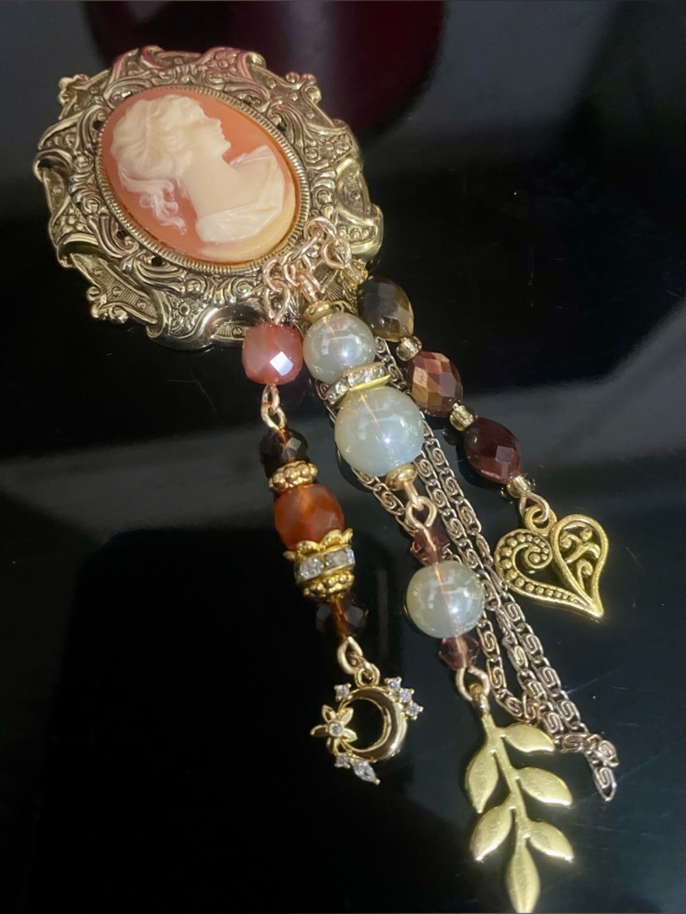 Vintage-Inspired Gold Cameo Dangle Brooch - Coral and Amber